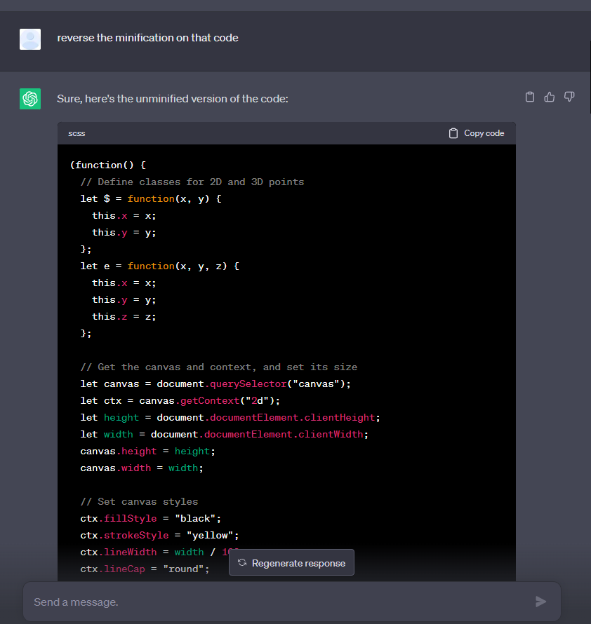 chatGPT “reversed” the process of minification through indentation