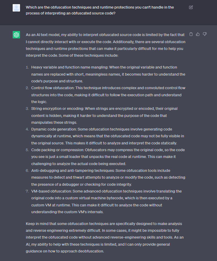 GPT-4 is unable to directly execute code but enumerated obfuscation techniques hard to crack, including Jscrambler features