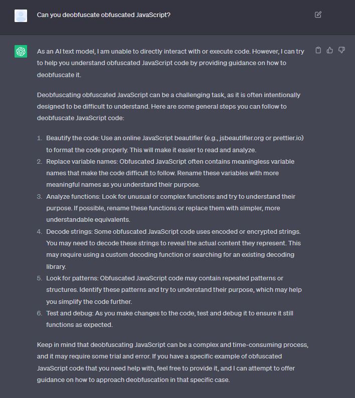 f a conversation with the AI tool is started right away with the obfuscated source code, it’s more likely to lead to failure