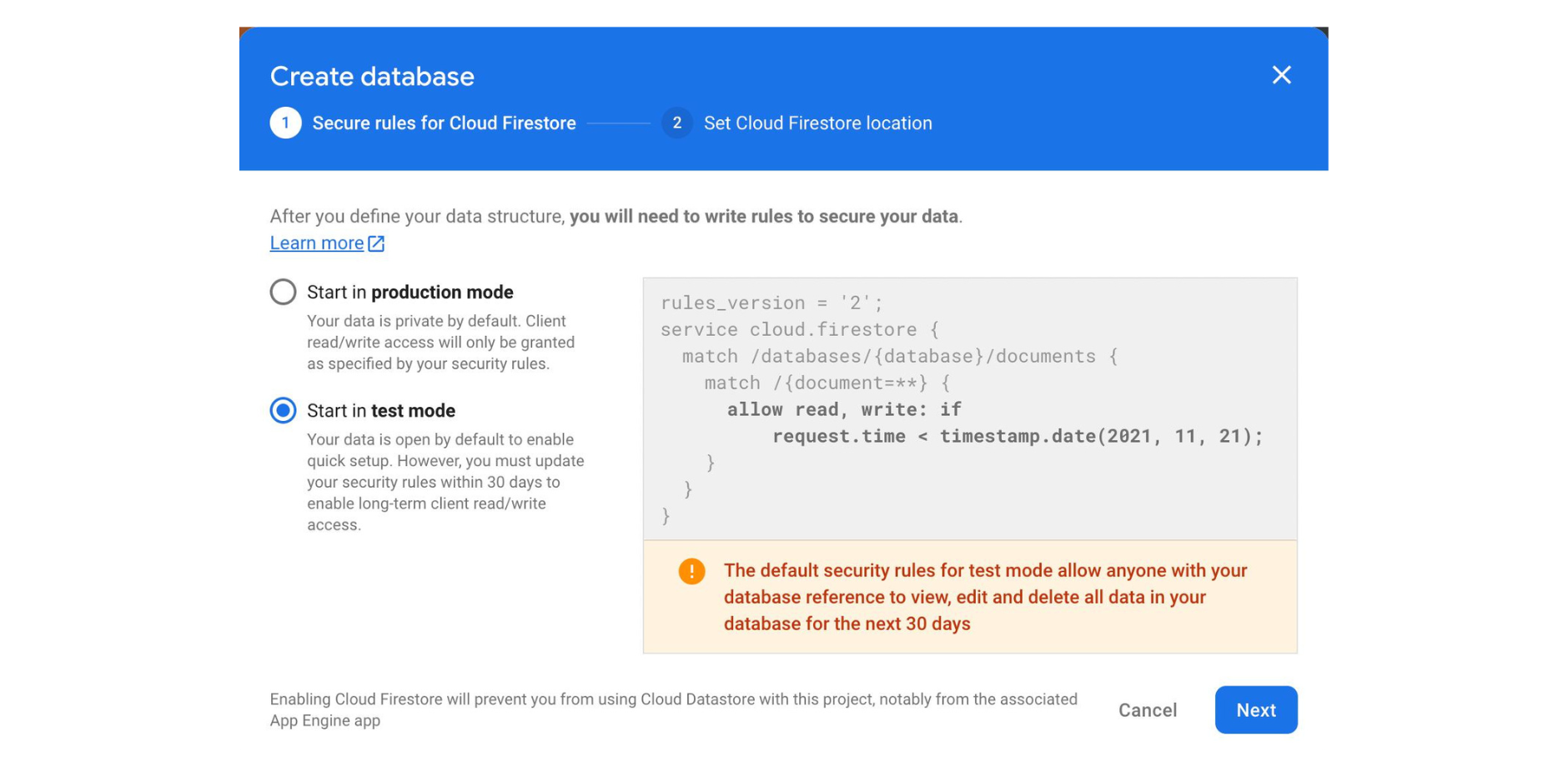 create-database-option-select-test-mode